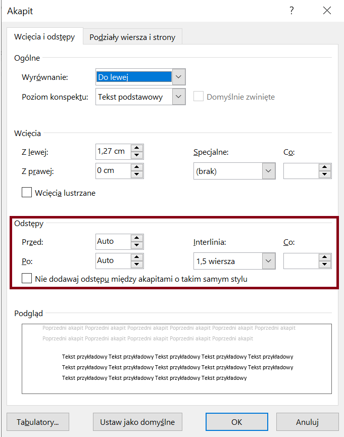 Zrzut ekranu okna Akapit, sekcja Wcięcia i odstępy z zaznaczoną opcją Odstępy