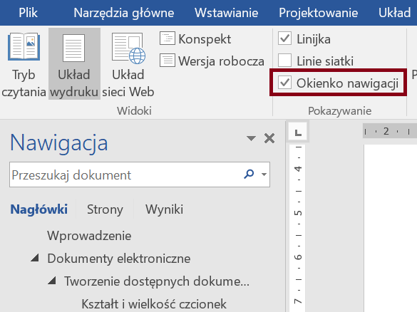 Zrzut ekranu wstążki Widok z zaznaczoną opcją Okienko nawigacji