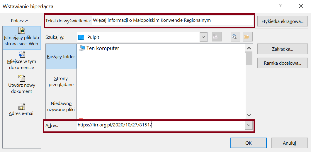 Zrzut ekranu okna dialogowego Wstawianie hierłącza z zaznaczonym Tekstem do wyświetlenia oraz Adresem