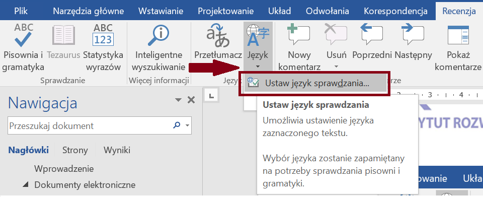 Zrzut ekranu narzędzia Język ze wstążki Recenzja z zaznaczoną opcją Ustaw język sprawdzania