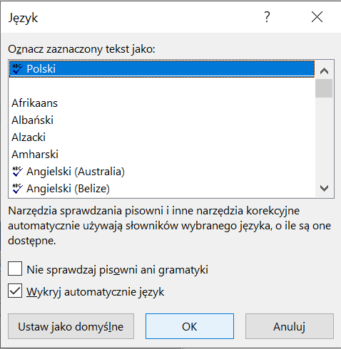 Zrzut ekranu okna dialogowego Język z wybraną opcją Oznacz zaznaczony tekst jako: Polski