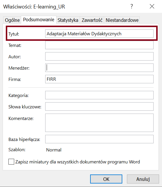 Zrzut ekranu okna dialogowego Właściwości zaawansowane, zakładka Podsumowanie z zaznaczonym Tytułem