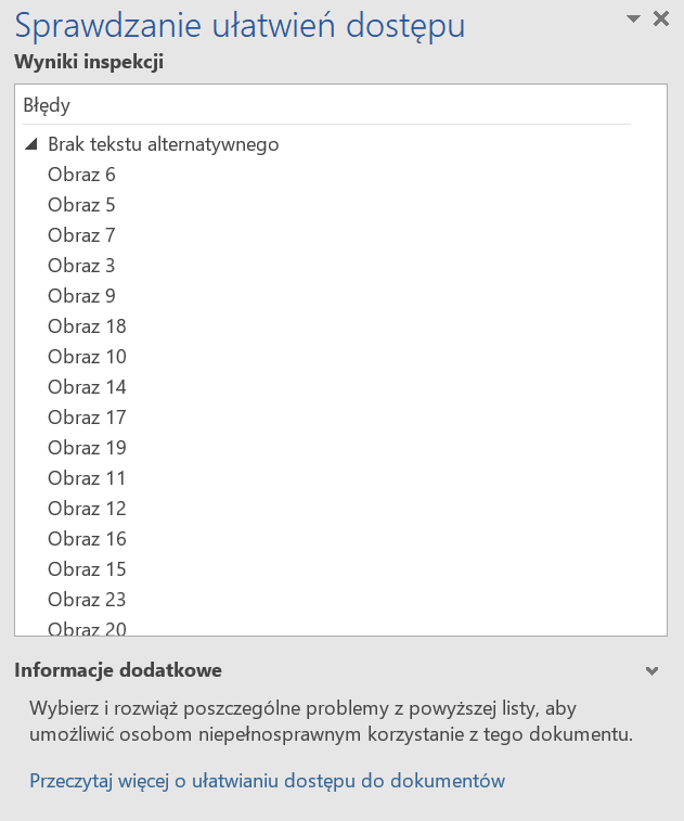 Zrzut ekranu panelu Sprawdzanie ułatwień dostępu z poglądem na Wyniki inspekcji oraz Informacje dodatkowe w programie Microsoft Word