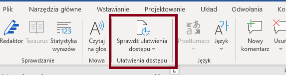 Zrzut ekranu wstążki Recenzje z zaznaczoną opcją Sprawdź ułatwienia dostępu w programie Microsoft Word