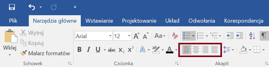 Zrzut ekranu sekcji Schowek, Czcionka i Akapit ze wstążki Narzędzia główne z zaznaczoną opcją Wyrównaj do lewej