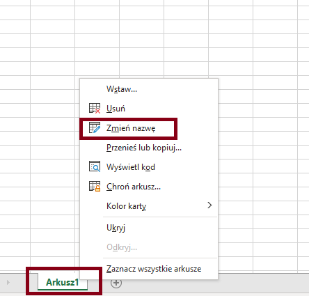 Zrzut ekranu menu kontekstowego z zaznaczonym arkuszem oraz opcją Zmień nazwę w programie Microsoft Excel
