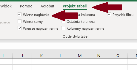 Zrzut ekranu wstążki Projekt tabeli z zaznaczoną funkcją Wiersz nagłówka w sekcji Opcje stylu tabeli