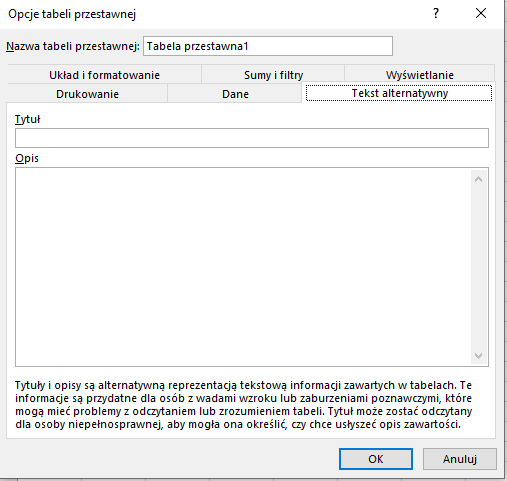 Zrzut ekranu sekcji Tekst alternatywny okna dialogowego Opcje tabeli przestawnej