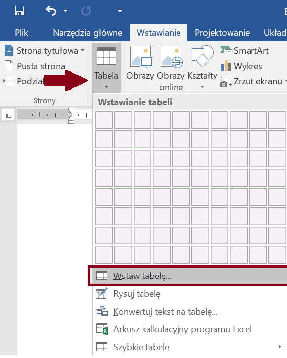 Zrzut ekranu narzędzia Dodaj tabelę z zaznaczoną opcją Wstaw tabelę ze wstążki Wstawianie