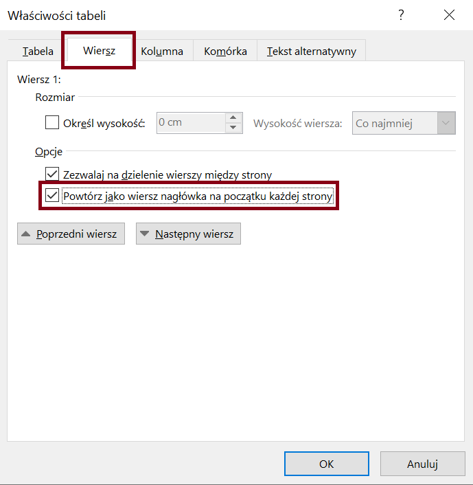 Zrzut ekranu okna dialogowego Właściwości tabeli z zaznaczoną zakładką Wiersz i opcją Powtórz jako wiersz nagłówka na początku każdej strony