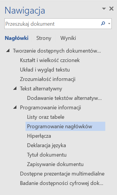 Zrzut ekranu panelu Nawigacja z opcją Nagłówki i podglądem fragmentu struktury nagłówków