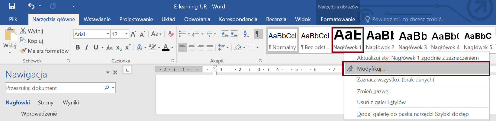 Zrzut ekranu sekcji Style ze wstążki Narzędzia Główne z zaznaczonym stylem Nagłowek 1 i opcją Modyfikuj