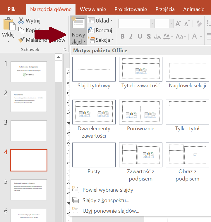 Zrzut ekranu wstażki Narzędzia główne z zaznaczoną opcją Nowy slajd i rozwiniętym polem Motyw pakietu Office z układami slajdów