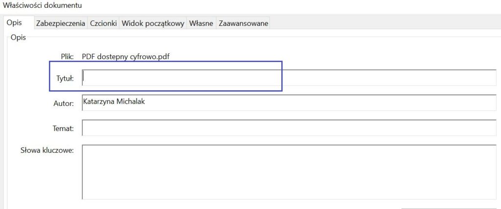 Zrzut ekranu Acrobat Pro, niebieską ramką zaznaczone miejsce do uzupełnienia tytułu dokumentu.