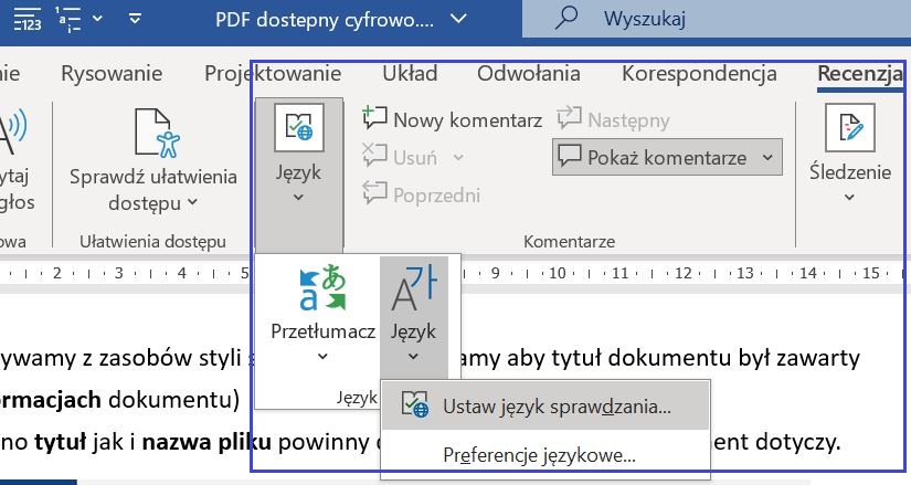 Zrzut ekranu Word, ze wskazaniem miejsca ustawień języka dokumentu.