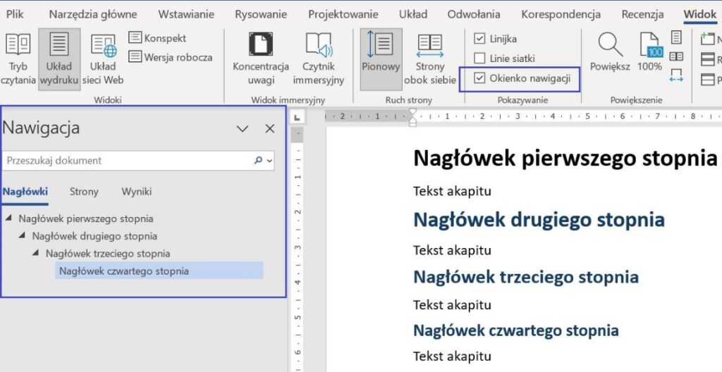 Zrzut ekranu Word, niebieską ramką zaznaczone miejsce podglądu struktury nagłówków.