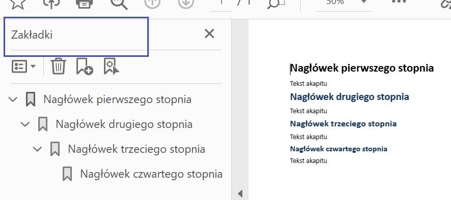 Zrzut ekranu Acrobat Pro, niebieską ramką zaznaczone miejsce podglądu struktury zakładek.