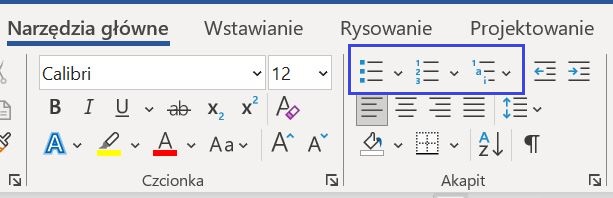 Zrzut ekranu Word, niebieską ramką zaznaczone miejsce wyboru punktorów, listy jedno i wielopoziomowej.