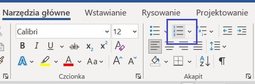 Zrzut ekranu Word, niebieską ramką zaznaczone miejsce listy jednopoziomowej.