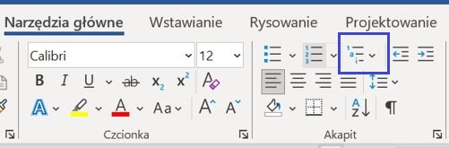Zrzut ekranu Word, niebieską ramką zaznaczone miejsce listy wielopoziomowej.