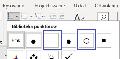 Zrzut ekranu Word, niebieską ramką zaznaczone miejsce wyboru punktora w kształcie kreski i małej litery „o”.