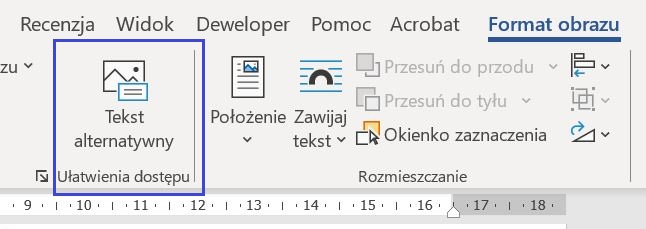 Zrzut ekranu Word, niebieską ramką zaznaczone miejsce wyboru tekstu alternatywnego.