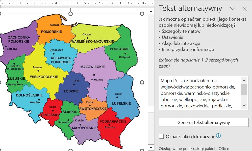 Zrzut obrazu mapy kraju z miejscem dodanego opisu alternatywnego: mapa Polski z podziałem na województwa: zachodnio-pomorskie, pomorskie, warmińsko-olsztyńskie, lubuskie, wielkopolskie, kujawsko-pomorskie, mazowieckie, podlaskie, dolnośląskie, łódzkie, świętokrzyskie, lubelskie, opolskie śląskie, małopolskie, podkarpackie.