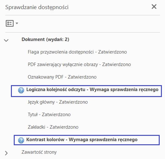 Zrzut ekranu Acrobat Pro, niebieską ramką zaznaczone miejsce wymagające ręcznego sprawdzenia (kolejność odczytu i kontrast kolorów).