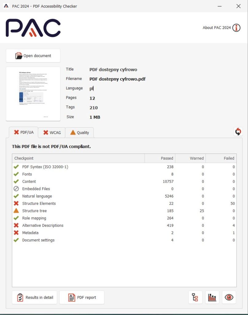 Zrzut ekranu PAC pokazujący błędy w strukturze dokumentu, metadanych oraz brakiem opisów alternatywnych.