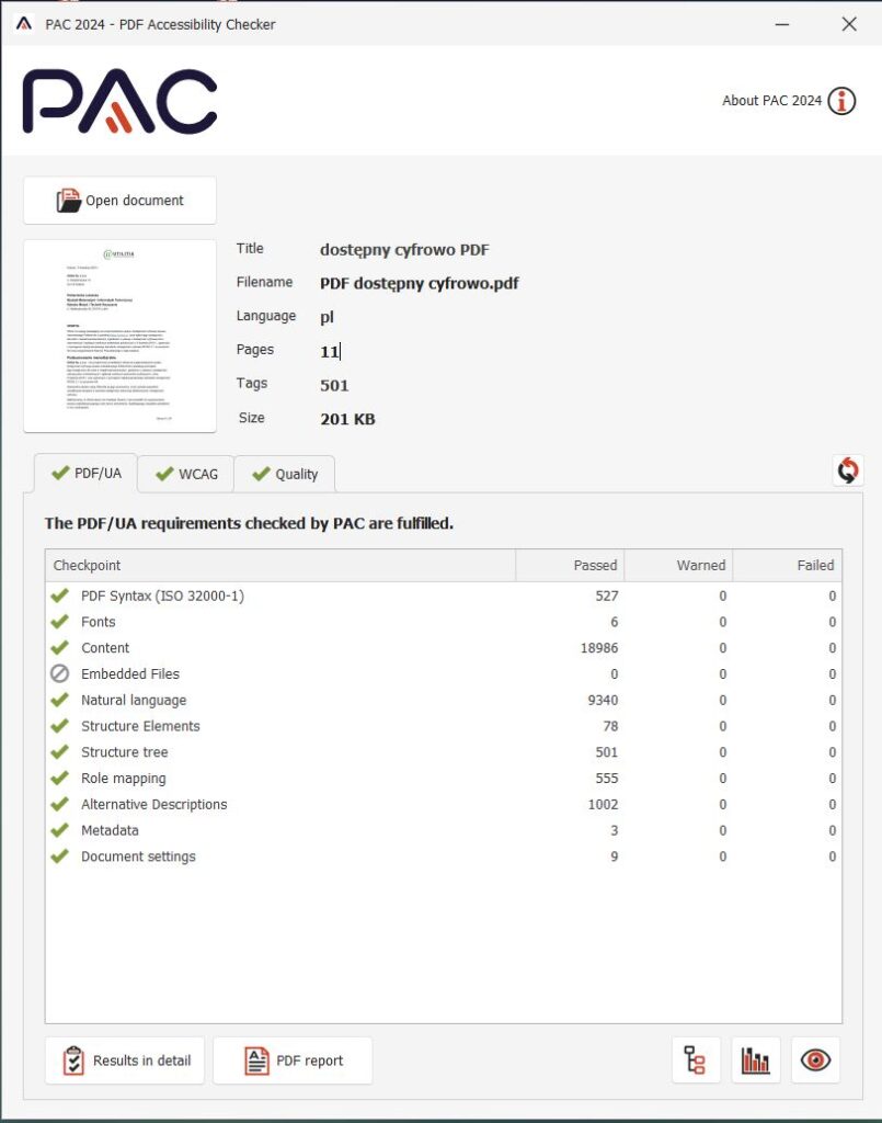 Zrzut ekranu PAC pokazujący brak błędów w dokumencie PDF.
